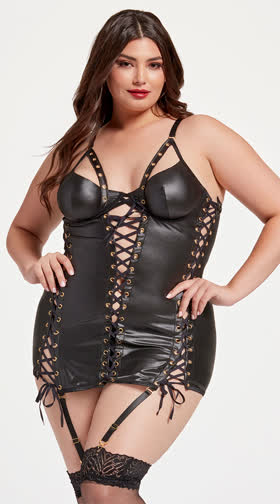 Plus Size Faux Leather Lace-Up Chemise Set