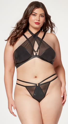 Plus Size Faux Leather and Bra Strappy Bra Set