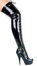 Black Wet Look Lace Up Thigh High Boots