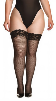 Plus Size Fishnet Thigh High Stockings with Lace Top