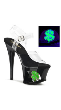 7" Heel, 2 3/4" Cut-Out PF Ankle Strap Sandal w/Money Sign